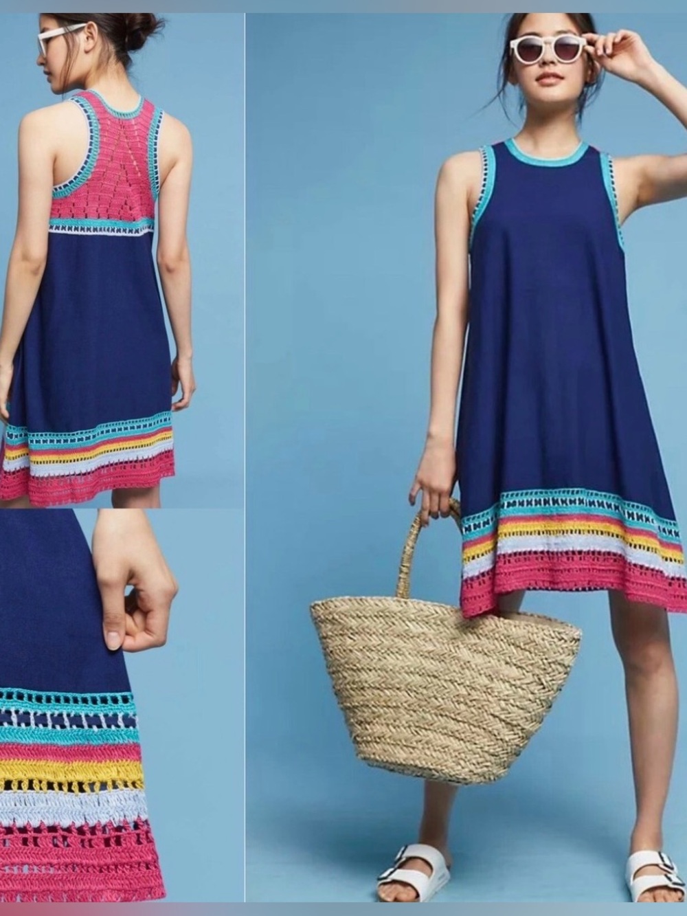Akemi + Kin Anthropologie Crochet Trim Swing Dress Cotton Racerback Navy Blue S